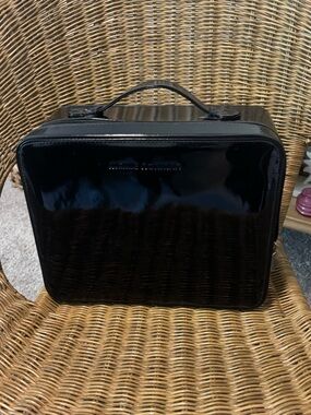 Vintage MerleNorman Black Patent Makeup Train Case Cosmetic Bag Red Satin Lining